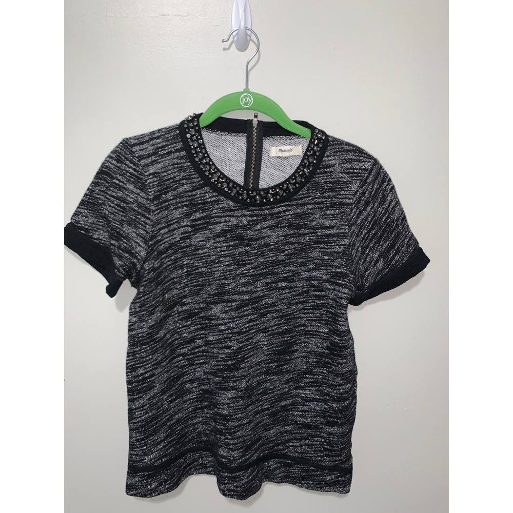 Madewell Embellished Neckline Space Dye Knit Top Black White Size M